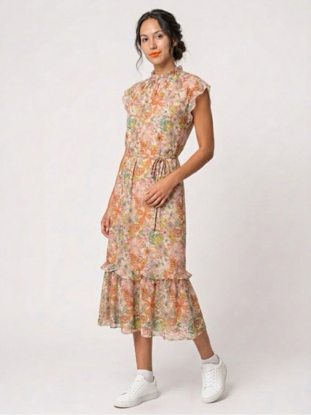 CeCe Floral Midi Dress in Orange, Pink, Green - Picture 2 of 7